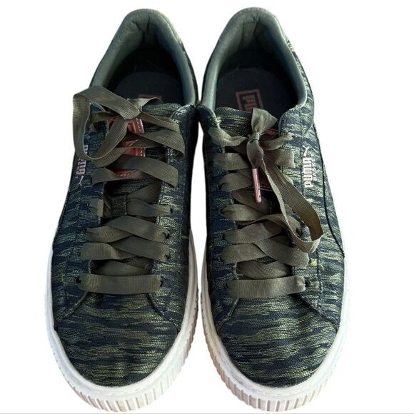 Puma Basket Green Sneaker Size 7 Platform VR Military Ribbon Lace Up Shoes - Picture 1 of 8